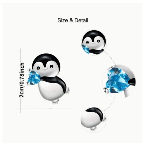 Cute Penguin Stud Earrings With Blue Heart Crystal Silver Tone - Picture 2 of 2